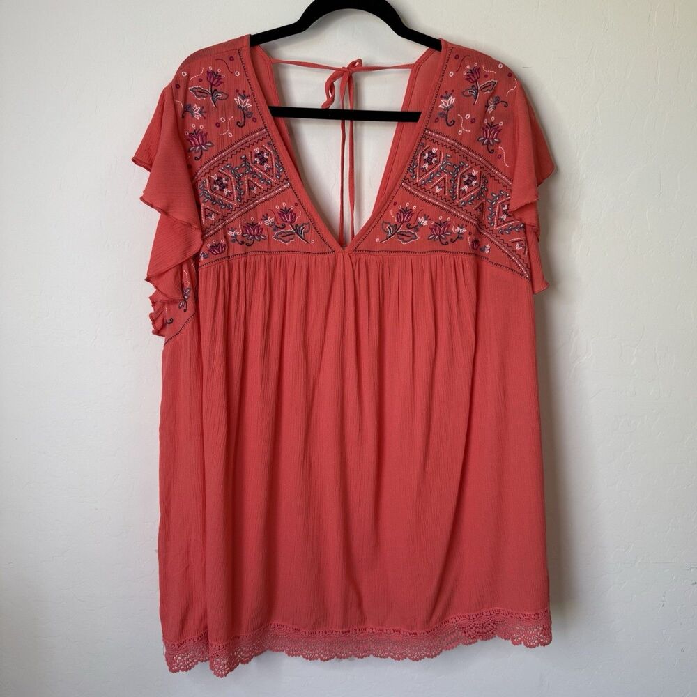 Kelly Renee Womens 3X Embroidered V Neck Flutter Sleeve Top Boho Floral Lace